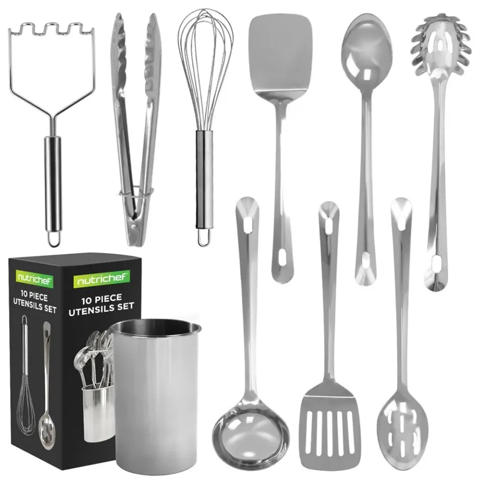 Nutrichef Set 10 Ustensiles Inox avec Support Antadhésif