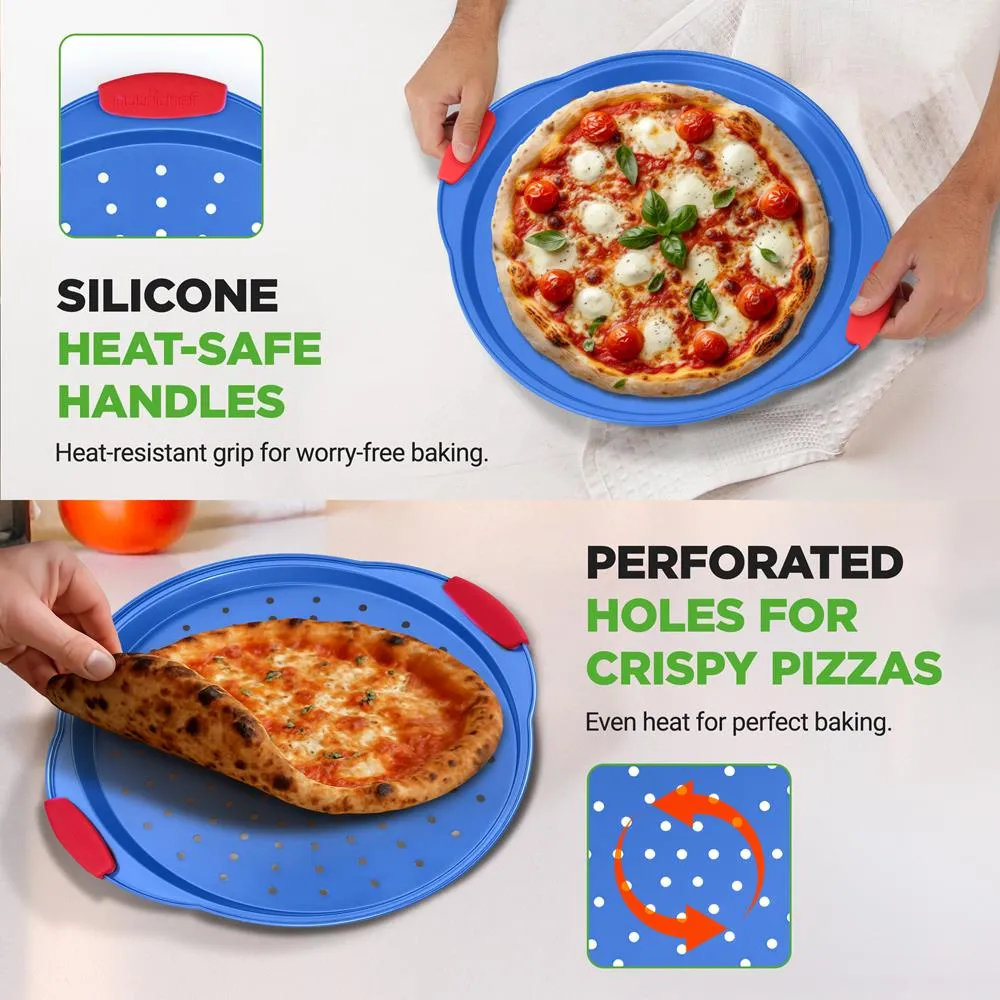 Nutrichef Plaque à pizza antiadhésive bleue poignées silicone