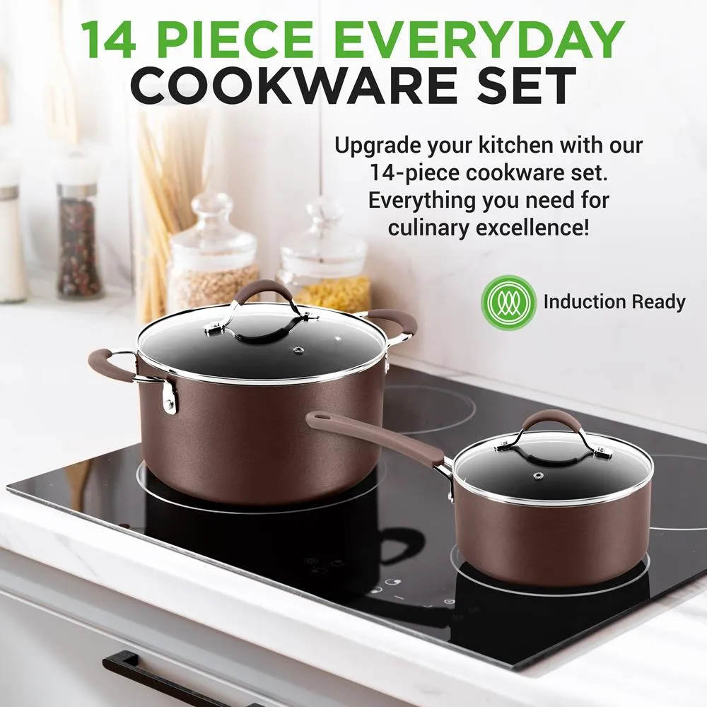 Nutrichef Batterie de cuisine antiadhésive 14 pièces marron