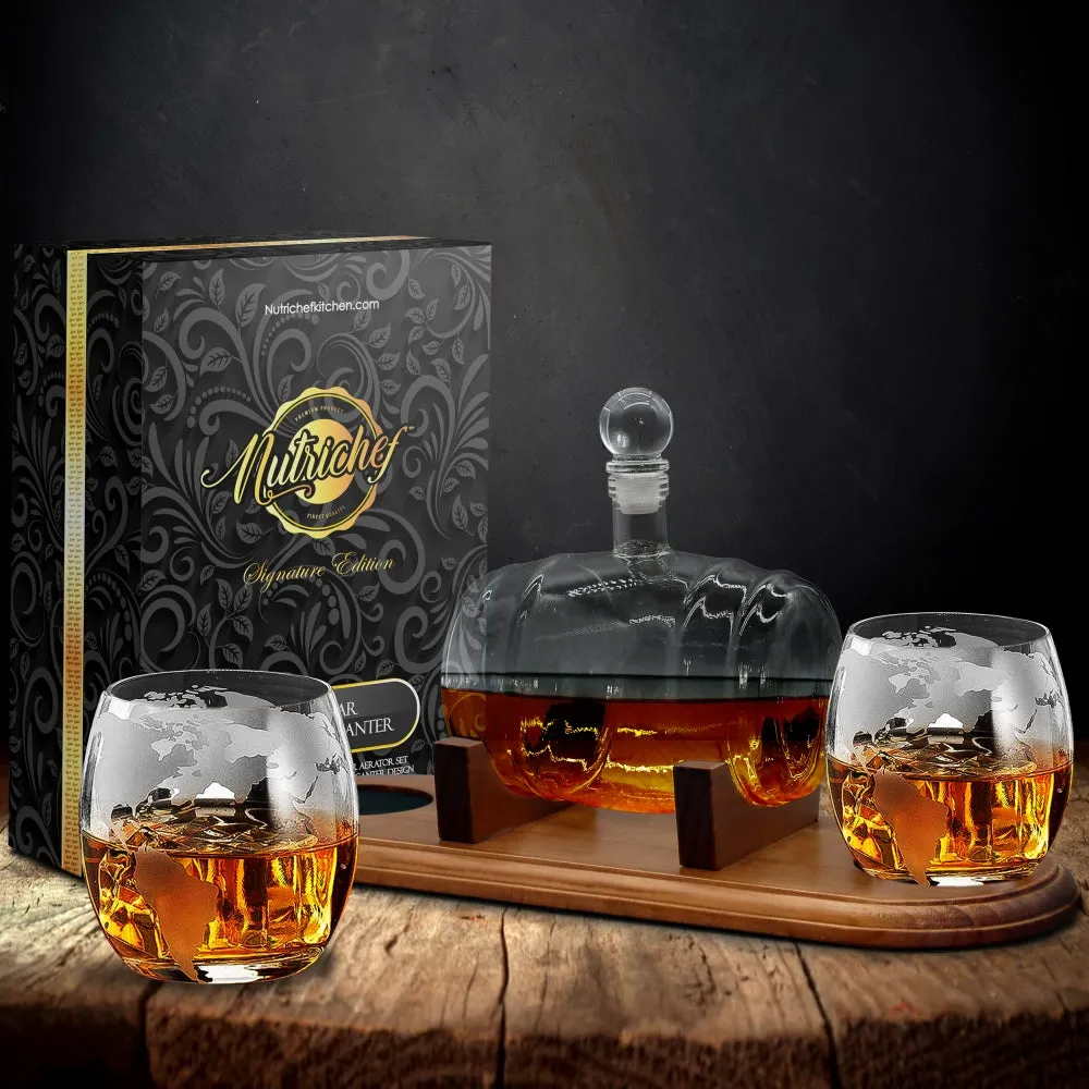 Nutrichef carafe whisky tonneau 750 ml 2 verres socle bois