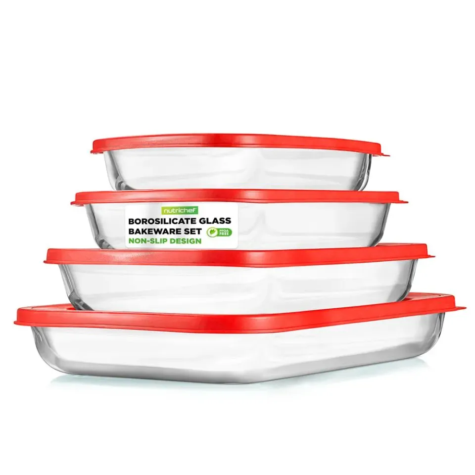 Nutrichef Lot 4 Plats Verre Four Couvercle Rouge