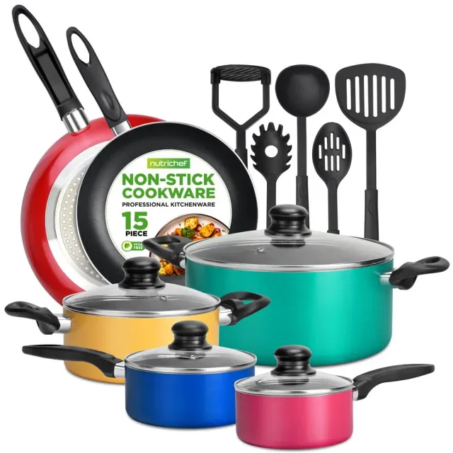 Nutrichef batterie cuisine 15 pièces antiadhésive couleur