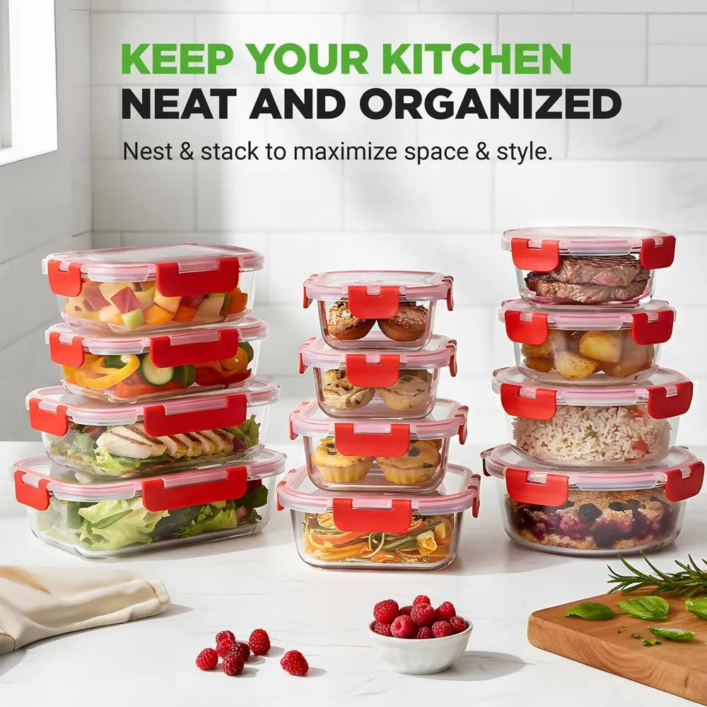 Nutrichef Boites en Verre 24 Pieces Hermetiques Borosilicate Rouge